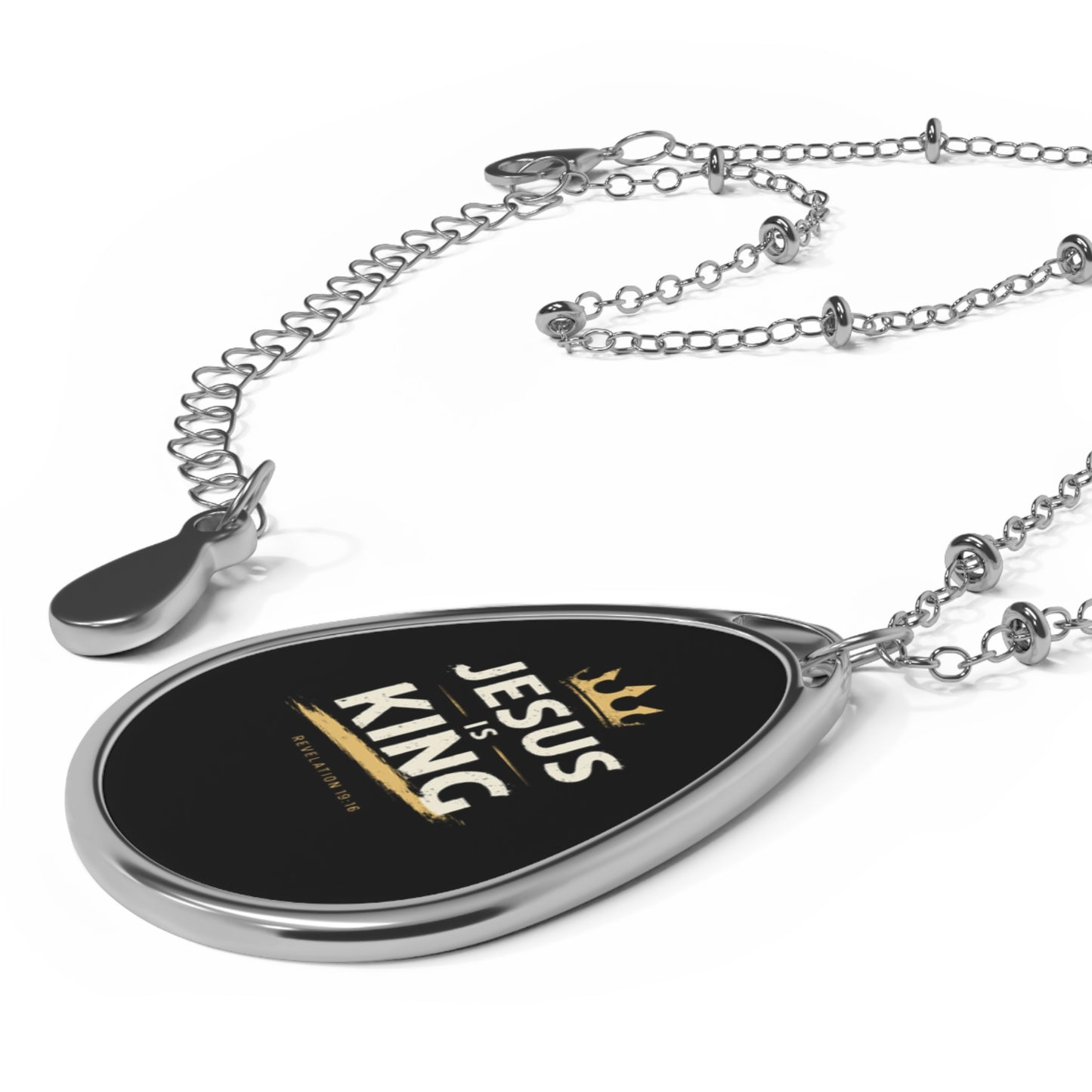 Jesus Is King Oval Necklace — Religious Stainless Steel Pendant with Crown Design