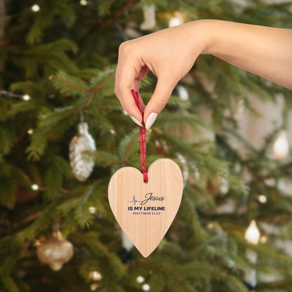 Heart-Shaped Wooden Ornament – "Jesus Is My Lifeline" Christian Christmas Ornament (Matthew 21:22)