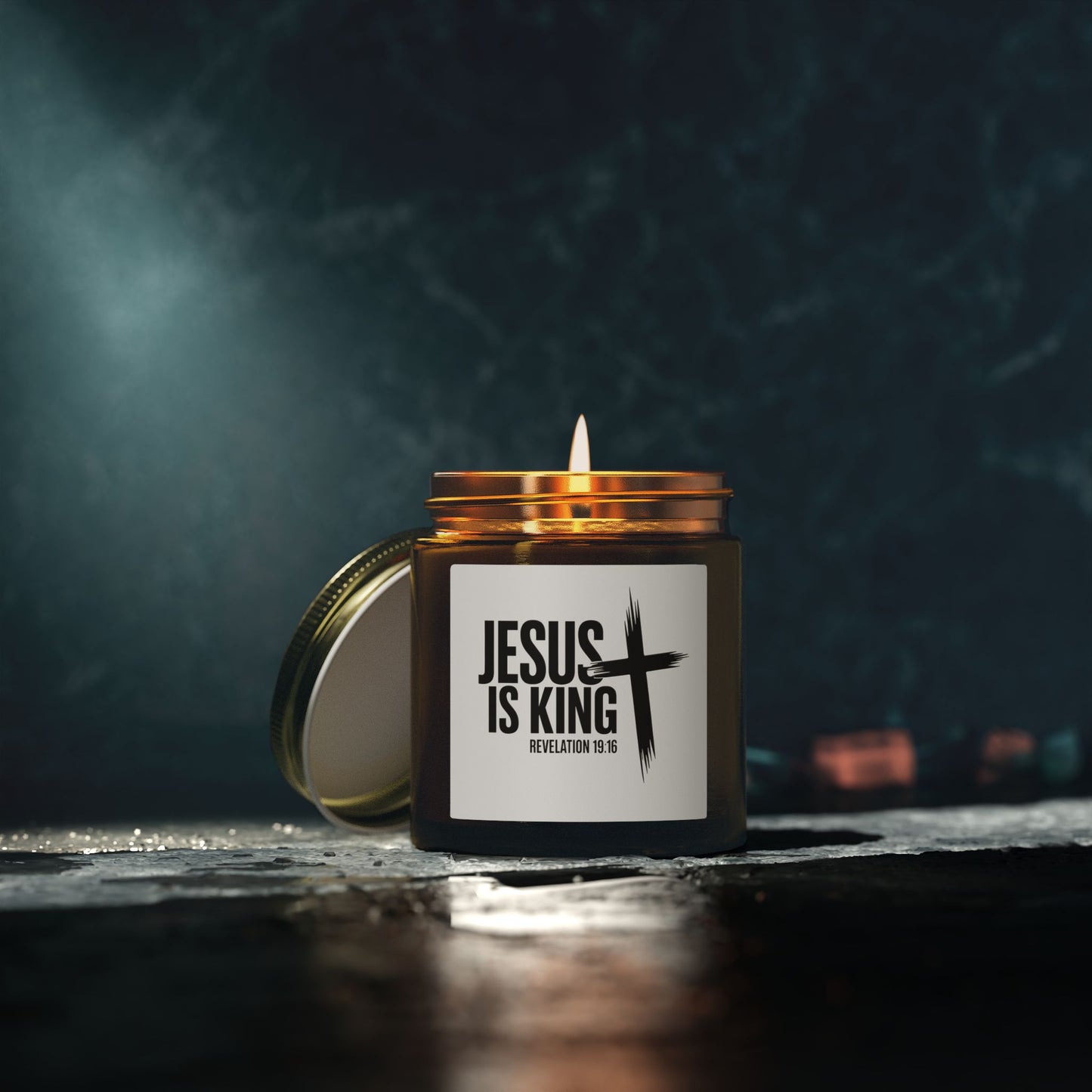 Jesus Is King Coconut Apricot Candle — 4oz/9oz Christian Scented Candle (Revelation 19:16)