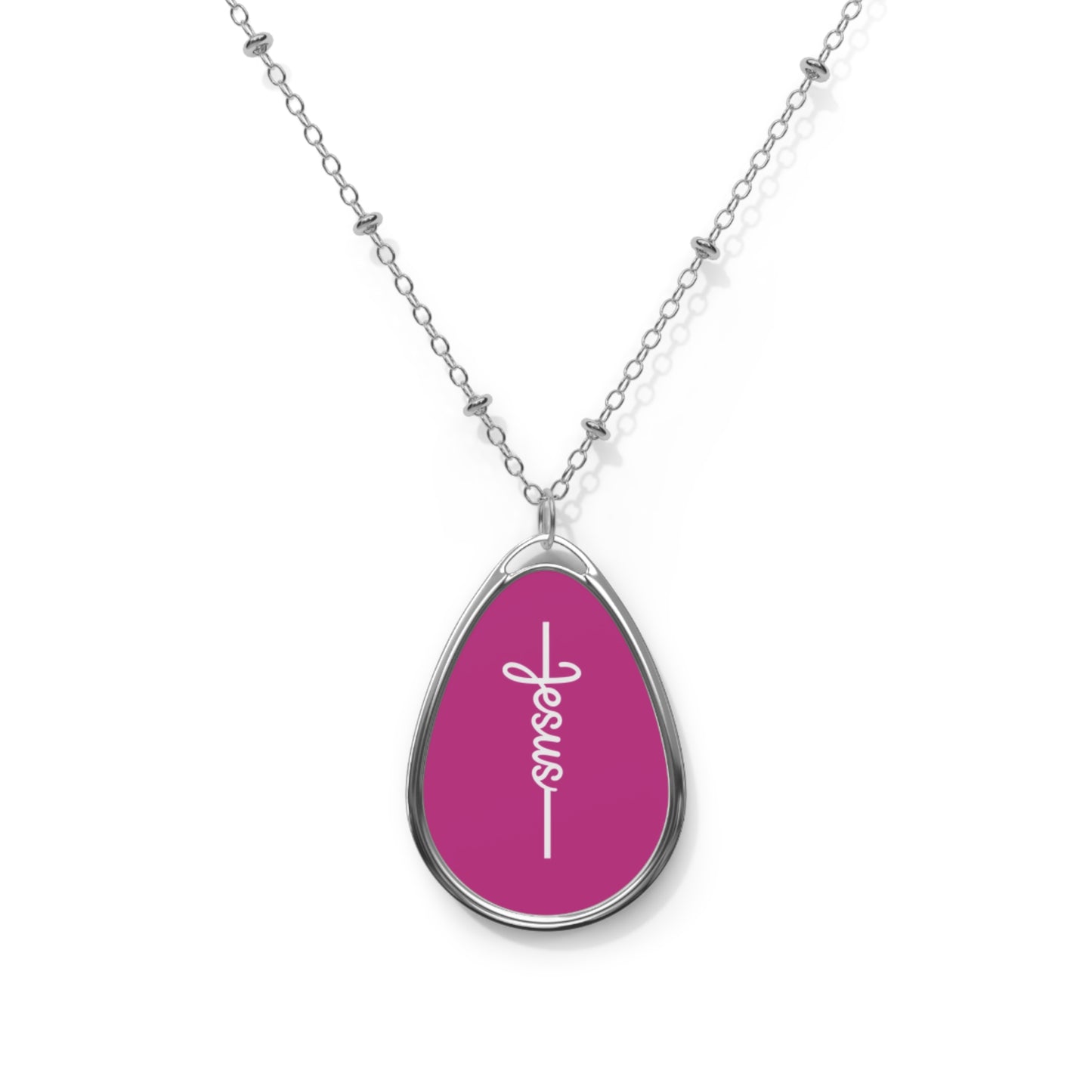 Jesus Script Oval Necklace — Religious Teardrop Pendant for Women