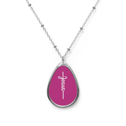Jesus Script Oval Necklace — Religious Teardrop Pendant for Women