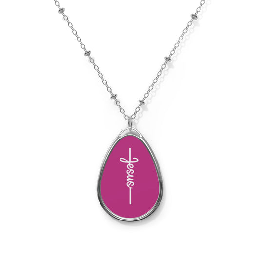 Jesus Script Oval Necklace — Religious Teardrop Pendant for Women
